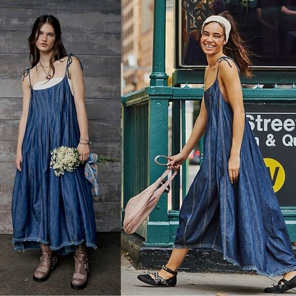 Free People Denim Dreams Midi Dress in 70s Blue Size XS Jean Jumper Retro - Picture 3 of 15